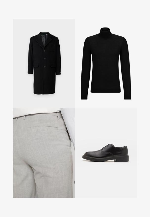 Lacoste Abrigo clásico - noir; Jersey de cuello alto negro hecho de un material suave, con mangas largas y un ajuste ceñido. Ribete acanalado en el dobladillo y los puños. Diseño simple.; Pantalones grises claros a medida hechos de tela texturizada, con un solo bolsillo trasero y costuras limpias.; Zapato negro de cuero con cordones, punta redondeada, textura suave, costuras mínimas y tacón bajo de goma. Logo en el tacón.