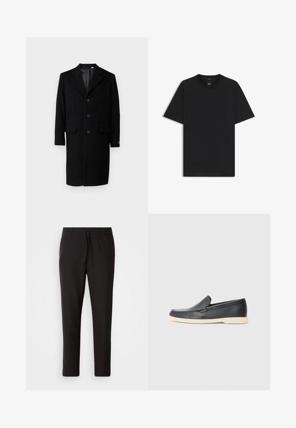 Lacoste Abrigo clásico - noir; Camiseta negra de manga corta fabricada con una suave mezcla de algodón, que presenta un cuello redondo y un diseño minimalista sin patrones ni acentos.; Pantalones de chándal negros de tejido suave. Cuentan con una cintura elástica con cordón, piernas ajustadas y sin bolsillos visibles. Diseño sencillo.; Mocasines de piel negra sin cordones con un acabado texturizado y una suela de goma beige en contraste. Presentan un sutil acento en la parte frontal.