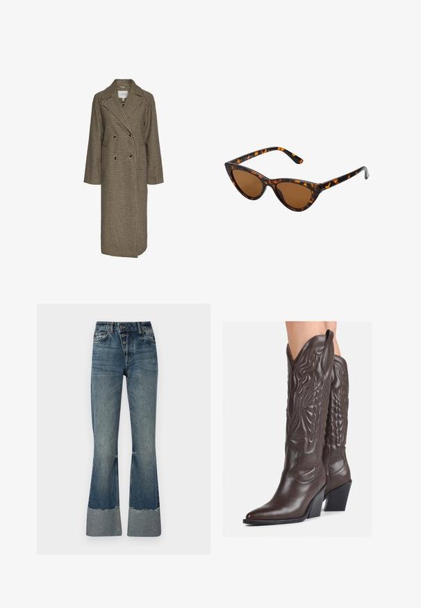 Brown houndstooth-patterned long coat with a double-breasted design, large lapels, and two front buttons. Made from textured fabric.; Gray, cropped sweater made from textured fabric. Features a high neckline and two front pockets with a relaxed fit. Long sleeves.; Denim flared jeans in medium blue with a high waist, five buttons, and frayed hem. Features a lighter cuff at the bottom and faded texture.; Brown leather cowboy boots with pointed toe and block heel, featuring detailed stitching and raised accents on the shaft.; Cat-eye sunglasses with a black and orange tortoiseshell frame, brown lenses, and sleek, pointed tips. Features a minimal logo on the temple.