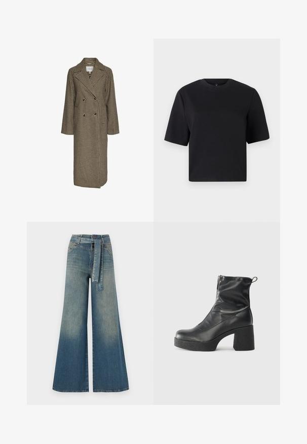 Smešasti dugi kaput smešastog uzorka u smešavoj boji, sa dvostrukim kopčanjem, velikim reverima i dva prednja dugmeta. Napravljen od teksturiranog materijala.; Crna majica s kratkim rukavima, okrugli izrez, izrađena od glatke pamučne tkanine; ležeran kroj, minimalni dizajn, bez vidljivih uzoraka ili akcenata.; Široke traperice s gradijentom od svijetloplave do tamnoplave, visokog struka, petljama za remen i remenom od istog materijala. Teksturirana traper tkanina.; Crne gležnjače od glatke kože, s bočnim zatvaračem, debelim teksturiranim potplatom i dizajnom s zaobljenim prstima.