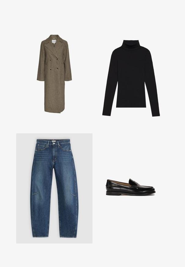 Ruda houndstooth rašto ilga striukė su dvigubos krūtinės dizainu, dideliais apykaklėmis ir dviem priekiniais sagomis. Pagaminta iš tekstūruoto audinio.; Juoda turtleneko ilgo rankovės viršutinė dalis, pagaminta iš raukšlėtos medžiagos, turi prigludusią formą, aukštą apykaklę ir neturi jokių raštų ar akcentų.; Tamsiai mėlynos džinsinės kelnės su tiesiomis kojomis, turinčios priekinės kišenes, kontrastingą siuvimą ir subtilų pabandymą ant kojų.; Juodas odinis loafers stiliaus batelis su apvaliu nosimi, lengvai užsidedantis dizainas ir subtilūs siuvinėjimo detalės viršuje. Lygus guminis padas.