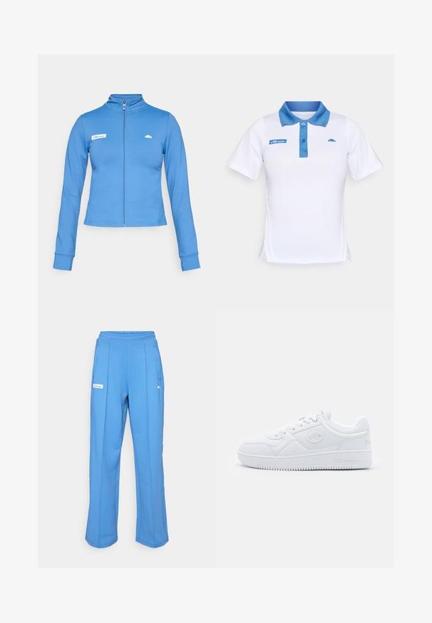 Blauwe ritsjack met lange mouwen voor sportieve activiteiten, hoge kraag, ellesse-logo op de linkerborst en klein embleem op de rechterborst.; Witte polo shirt met een blauwe kraag en knoopsluiting. Bevat blauwe logo-accenten op de borst en zijkant. Soepele textuur van de stof.; Blauwe joggingbroek met een elastische tailleband, rechte pijpen, zijzakken en een logopatch op de linker bovenbeen. Glad, zacht stoftextuur.; Witte sneaker van glad synthetisch materiaal, met ronde neus, platte zool en subtiele logo-accenten aan de zijkanten. Klassiek laag ontwerp.
