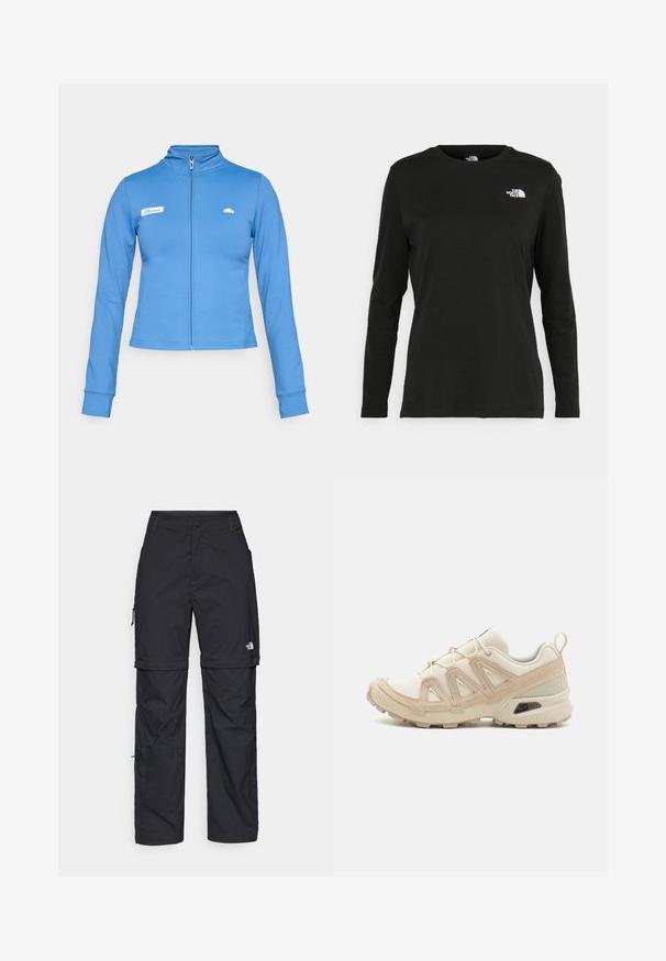 Plava sportska jakna na zip s dugim rukavima i visokim ovratnikom, ellesse logo na lijevoj strani prsnog koša i mali grb na desnoj strani prsnog koša.; Crni dugih rukava majica od pamuka s okruglim izrezom. Ima mali bijeli logo na lijevoj strani prsnog područja. Jednostavan dizajn i kroj.; Crne najlon hlače s munjevim zatvaranjem, odvojive cargo hlače s podesivim manžetama, brojnim džepovima i logom na desnoj nozi. Glatka, lagana tekstura.; Bež i kremasti sportski tenisice s teksturiranim mrežastim gornjim dijelom, potpornih preklopa i gumeni potplat s uzorcima za prianjanje.