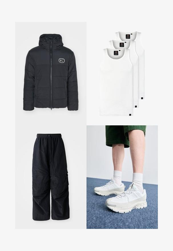 Sort puffjakke med lynlås foran, justerbar hætte og Nike Air-logo. Har en quiltet tekstur og lange ærmer. Simpelt og funktionelt design.; Tre hvide ribbede tanktops lavet af bomuld. Har en rund hals og små sorte mærker nær sømmen. Fås i flere størrelser.; Sorte letvægts nylon cargo bukser med elastisk talje, justerbar snor og flere lagrede lommer på benene.; Hvide atletiske sko med teksturerede overlays, en chunky sål og grå accenter. Båret med hvide ankelstrømper og grønne shorts på en blå overflade.