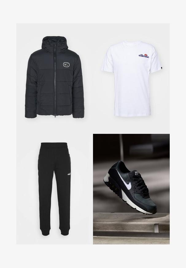 Juodas pūkinis švarkas su užtrauktuku, reguliuojama gobtuvu ir Nike Air logotipu. Turi čiužinį paviršių ir ilgas rankoves. Paprastas ir funkciškas dizainas.; Balta medvilninė marškinėliai su trumpomis rankovėmis, kuriose kairėje krūtinės pusėje yra tamsiai mėlyna siuvinėta emblema ir ryški spalvų akcentas virš emblemos.; Juodos sportinės kelnės, pagamintos iš minkštos medžiagos, turi siaurėjančius kojų šonus, elastinę juostą, šonines kišenes su užtrauktukais ir mažą logotipo akcentą.; Juoda ir žalia sportinė avalynė su raštuotu tinklu viršuje, balta Swoosh logotipas, paminkštinta apykaklė ir matoma oro pagalvė pado viduje.