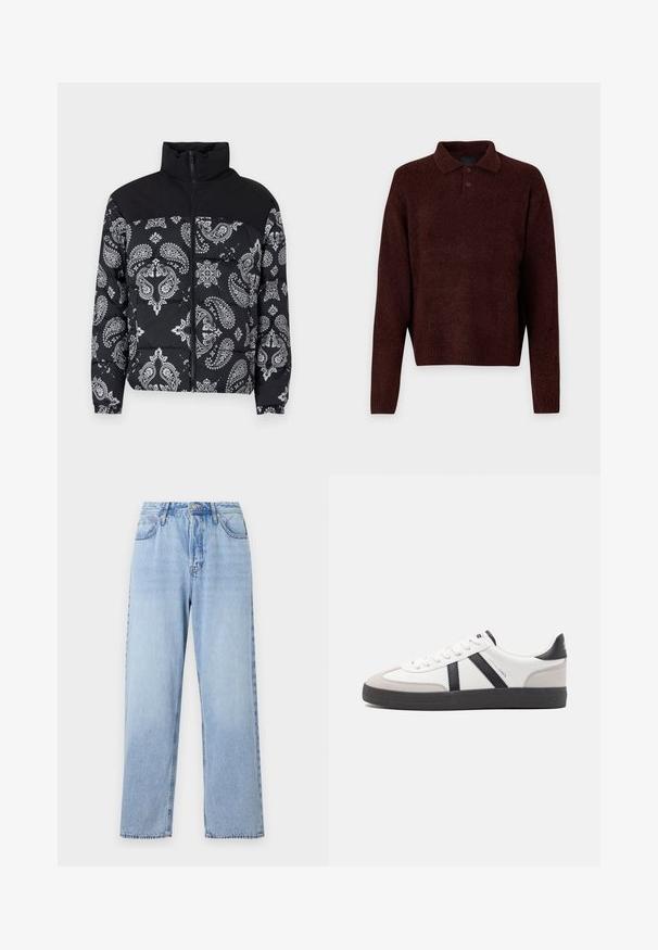 Jack & Jones JJMOON PUFFER - Žieminė striukė - black; Rudas megztinis su polo apykakle, trimis mygtukais ant kaklo ir ilgomis rankovėmis. Minkšta tekstūra, raukiniai rankogaliuose ir apatine dalyje.; Šviesiai mėlyni džinsai su tiesia siluetu, aukšta juosmens linija, penkiomis kišenėmis ir viršutiniu užsegimu. Yra išblukęs skalbimas ir kontrastingi siuvimo siūlai.; Balti sportbačiai su juodais ir pilkais akcentais, pasižymintys tekstūruotu pilku pirštų dangteliu, juoda gumine padais ir plokščiomis baltomis raišteliais. Švarus dizainas, minimalistinis stilius.