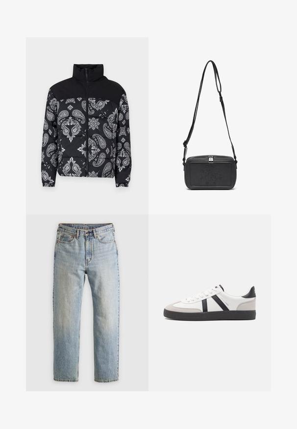 Jack & Jones JJMOON PUFFER - Vinterjakke - black; Brun strikket genser med polo krage, tre knapper ved halsen og lange ermer. Myk tekstur, ribbede mansjetter og kant.; Lys blå denim jeans med høy midje, frontknapp, glidelås og fem-lommers design, lagt flatt på en nøytral bakgrunn.; Hvite sneakers med svarte og grå detaljer, med en teksturert grå tåhette, svart gummisåle, og flate hvite lisser. Rent design, minimalistisk stil.; Svart skinn crossover-veske med glidelås, preget logo på fronten og justerbar stropp. Glatt tekstur med rektangulær form.