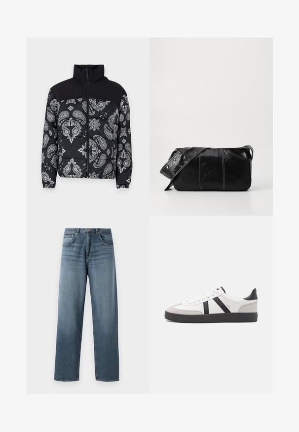 Jack & Jones JJMOON PUFFER - Zimní bunda - black; Hnědý pletený pullover s polo límcem, třemi knoflíky na krku a dlouhými rukávy. Měkká textura, žebrované manžety a lem.; Džíny s rovnými nohavicemi, modré jeansy s vybledlým vzhledem, s pěti kapsami, kovovým knoflíkem a poutky na opasek. Strukturovaná, středně těžká látka.; Bílé tenisky s černými a šedými akcenty, opatřené texturovaným šedým prstovým krytem, černou gumovou podrážkou a plochými bílými tkaničkami. Čistý design, minimalistický styl.; Černá kožená kabelka přes rameno se zapínáním na zip, s texturovaným tělem, bílým prošíváním a popruhem se stříbrnými očky.