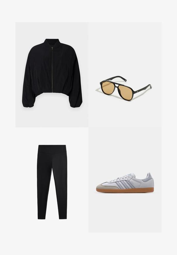 DRYKORN BRADDAN czarny; Biały prążkowany top na ramiączkach z czarnym haftowanym logo umieszczonym na środku klatki piersiowej. Dekolt i otwory na ramiona wykończone subtelnym obszywaniem.; Czarne legginsy wykonane z gładkiego, elastycznego materiału. Posiadają szeroki pas oraz zwężany krój nogawek, odpowiednie zarówno do aktywności fizycznej, jak i na co dzień.; Białe skórzane trampki z jasnoniebieskimi akcentami, szarym zamszowym noskiem i brązową gumową podeszwą. Posiadają trzy niebieskie paski oraz logo "Samba".; Czarne okulary przeciwsłoneczne z brązowymi szkłami; prostokątny kształt z grubą oprawą, z delikatnymi akcentami na zausznikach.; Czarna, pleciona torba na ramię z gładkim skórzanym paskiem i zapięciem na zamek. Charakteryzuje się teksturowaną powierzchnią i zakrzywionym kształtem.