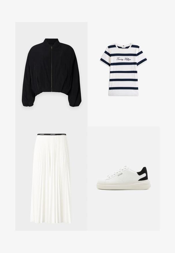 DRYKORN BRADDAN - Chaquetas bomber - black; Camiseta de algodón con rayas horizontales azul marino sobre un fondo blanco. "Tommy Hilfiger" bordado en cursiva en el pecho. Escote de tipo crew.; Falda blanca plisada con una cinturilla elástica negra que presenta el logotipo "LACOSTE". Diseño de longitud media con textura suave.; Zapatillas blancas de cuero con una suela blanca gruesa, acento en el talón de ante negro y logo grabado en el lateral. Diseño de cordones con seis ojales.