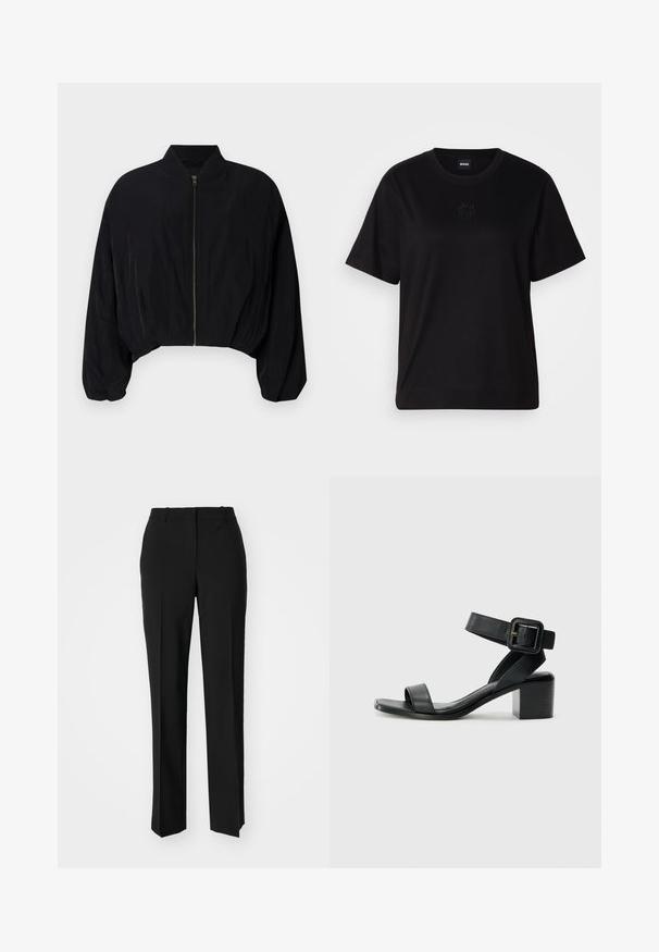 DRYKORN BRADDAN - Bomber jakna - black; Črna bombažna majica s krožnim izrezom, kratkimi rokavi in izvezenim logotipom na prsih. Preprosta, sproščena silhueta brez vzorcev.; Črne krojene hlače s direktnim krojem, ki se ponašajo z gladko teksturo in ostrimi pregibi spredaj. Ni vidne kovine.; Črne usnjene sandale na visoki peti z nastavljivim gležnjanjem, odprto obliko spredaj in kvadratno blok peto. Gladka tekstura, minimalističen slog.