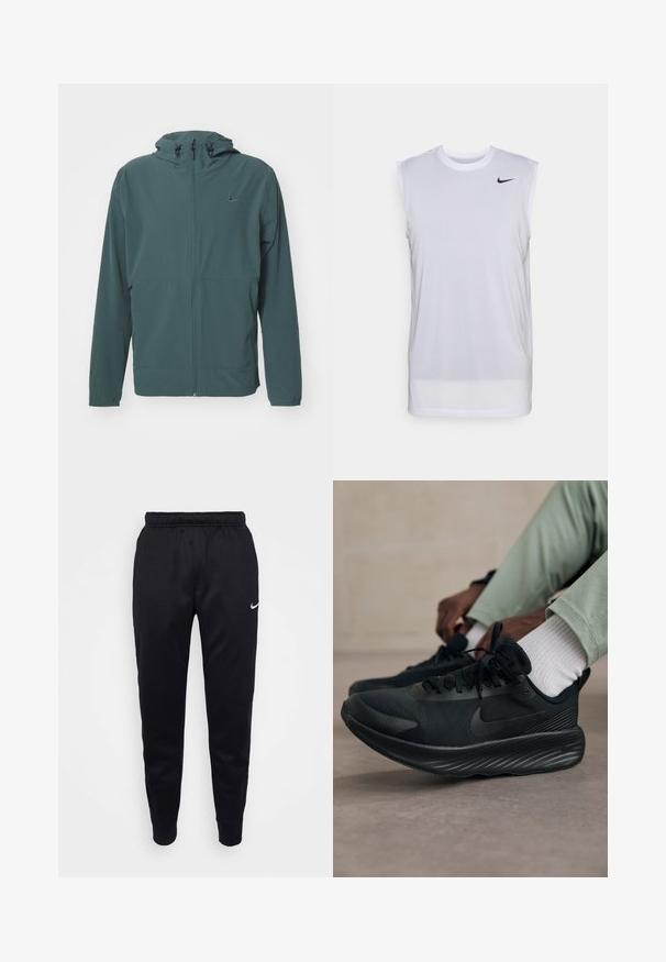 Nike Performance UNLIMITED - Treniņjaka - vintage green/black; Balts bez piedurknēm sporta krekls, kas izgatavots no viegla materiāla. Tam ir apaļš kakla izgriezums un neliela melna Nike logo augšējā kreisajā stūrī.; Melni Nike gara bikses ar elastīgu jostu, sašaurinātiem iegurniem un diskrētu logo akcentu. Izgatavotas no gludas auduma ar vienkāršu dizainu.; Melnas Nike skrējēju kurpes ar acu augšdaļu, teksturētu zoli un minimālu zīmolu. Dizains ir elegants un sportisks izskats.