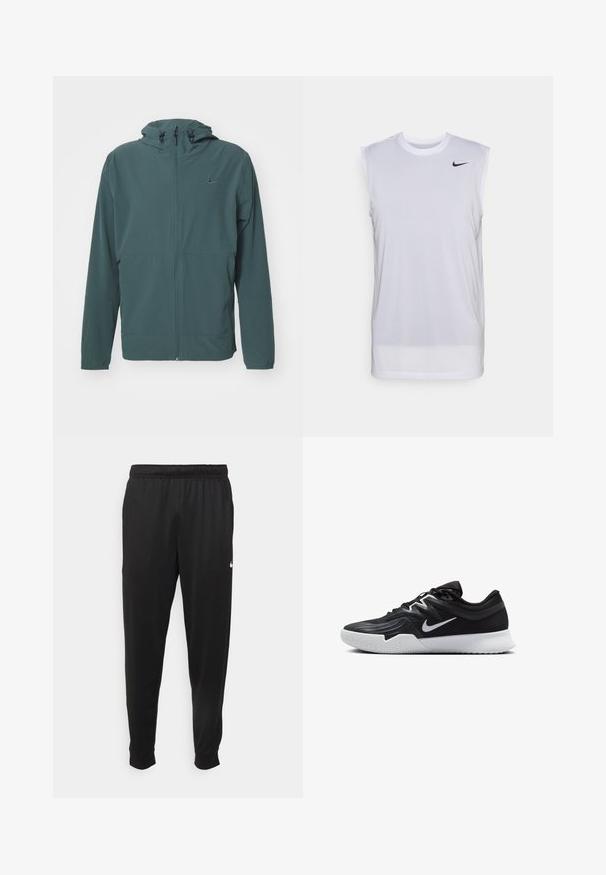 Nike Performance UNLIMITED - Jachetă impermeabilă - vintage green/black; Cameră de sport fără mâneci, de culoare albă, fabricată din material ușor. Are un gât rotund și un mic logo Nike de culoare neagră în partea din stânga sus.; Pantaloni sportivi negri dintr-o țesătură netedă, cu un elastic la brâu, picioare conice și un mic logo alb pe partea stângă.; Pantof sport negru cu un superior texturat, swoosh alb Nike și o tălpică din cauciuc alb. Dispune de un design cu șireturi și o formă dinamică.