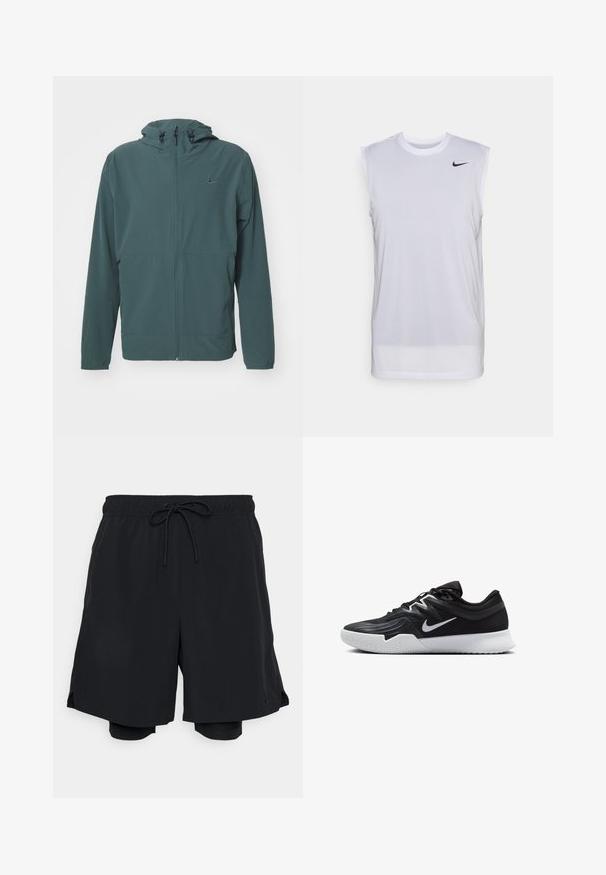 Nike Performance UNLIMITED - Regnjacka - vintage green/black; Vit ärmlös träningsshirt gjord av lättviktigt material. Har en rund halsringning och en liten svart Nike-logotyp på övre vänstra sidan.; Svarta träningsshorts i lättviktig tyg, med elastisk midja och dragsko, samt tight passande innershorts.; Svarta träningsskor med en texturerad ovandel, vit Nike-logga och en vit gummisula. Har snörningsdesign och en dynamisk form.