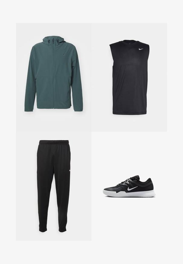 Nike Performance UNLIMITED - Jachetă impermeabilă - vintage green/black; Cămașă sport fără mâneci, de culoare neagră, confecționată dintr-un material fin, cu guler rotund și un mic logo Swoosh alb Nike pe partea superioară stângă.; Pantaloni sportivi negri dintr-o țesătură netedă, cu un elastic la brâu, picioare conice și un mic logo alb pe partea stângă.; Pantof sport negru cu un superior texturat, swoosh alb Nike și o tălpică din cauciuc alb. Dispune de un design cu șireturi și o formă dinamică.