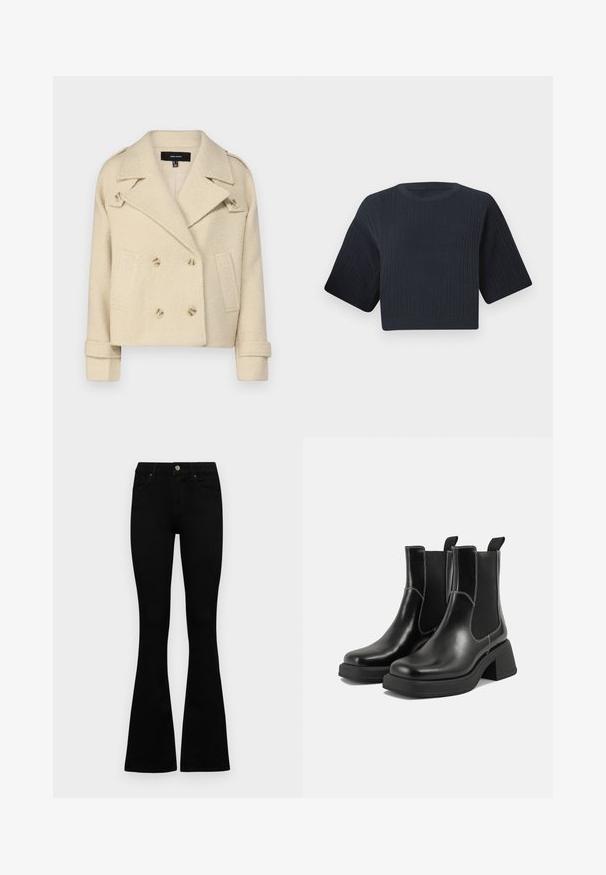 Bež jakna od vune s dvostrukim kopčanjem, s odrezanim reverima, dva prednja džepa i dvostrukim dugmadi. Tekstura tkanine s preklopljenim rukavima.; Tamnoslijeđi skraćeni pleteni pulover s rebrastom teksturom, kratkim širokim rukavima i okruglim izrezom. Jednostavan dizajn, bez vidljivih uzoraka ili naglasaka.; Crne traperice viskog struka s kopčanjem na gumb i rajfeslusu, prednjim džepovima i širom nogavicama položene su ravno na bijeloj pozadini.; Crne kožne Chelsea čizme s debelim potplatom, elastičnim bočnim panelima i kontrastnim bijelim šavovima. Teksturirana površina.