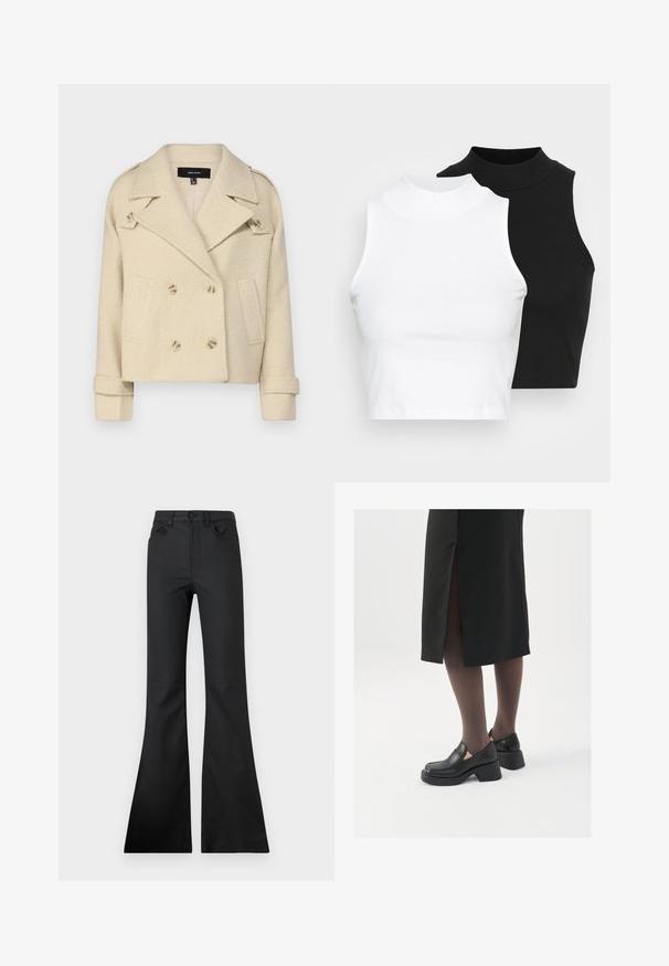 Beige double-breasted wool-blend jacket with notch lapels, two front pockets, and double button closures. Textured fabric with folded cuffs.; Two sleeveless ribbed turtleneck tops in black and white, featuring a fitted design and smooth texture, with cropped length.; Black flared jeans with a mid-rise waist, made from smooth fabric. Features five pockets and visible stitching details.; Black leather shoes with a rounded toe, thick block heel, and elastic side accents, paired with dark tights and a black skirt with a slit.