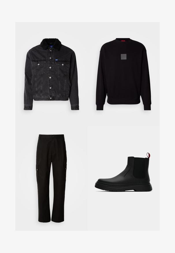 Veste en denim noir avec un col en fausse fourrure noire douce, deux poches poitrine, fermetures à boutons argentés et une coupe légèrement raccourcie.; Sweatshirt noir à manches longues, col rond, avec un logo carré gris à l'avant, texture douce, et poignets et ourlet côtelés.; Pantalons cargo noirs en coton avec une coupe décontractée, dotés de poches latérales, d'une fermeture à bouton et de jambes droites. Design simple sans motifs.; Bottines noires avec une finition lisse, des panneaux latéraux élastiques et une languette rouge contrastante, présentant une semelle en caoutchouc épaisse et un bout arrondi.