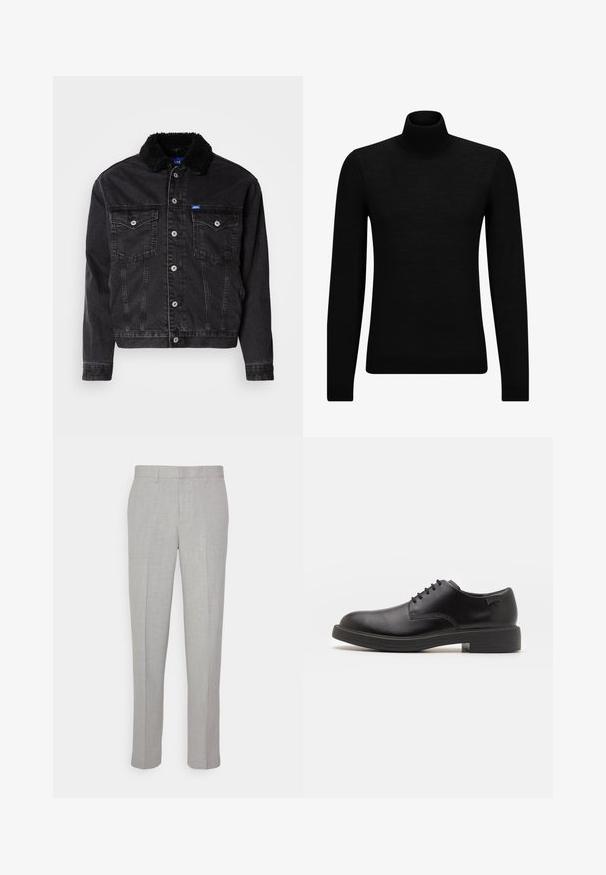 Svart denimjacka med en mjuk svart pälskrage, två bröstfickor, silverfärgade knappstängningar och en något kortad design.; Svart polotröja gjord av mjukt material, med långa ärmar och en åtsittande passform. Ribbat avslut vid fåll och ärmslut. Enkelt mönster.; Ljusgrå byxor med en slät yta, platt fram och raka ben. Tillverkade av ett andningsbart tyg, med interna fickor och bälteshällor.; Svart läder snörsko med rund tå, slät yta, minimal söm och låg gummihäl. Logotyp på hälen.
