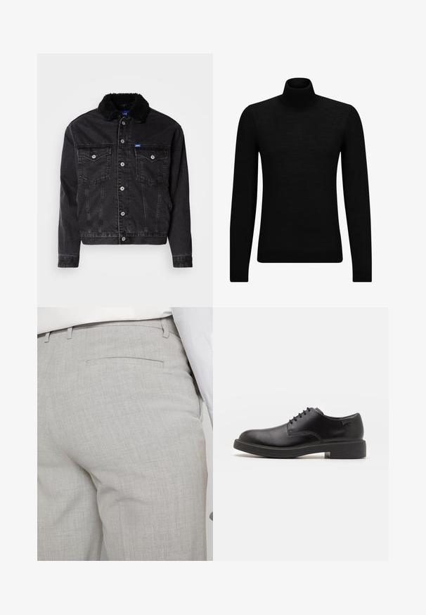 Zwarte denim jack met een zachte zwarte bontkraag, twee borstzakken, zilveren knoopsluitingen en een iets verkorte pasvorm.; Zwarte coltrui van zacht materiaal, met lange mouwen en een snug fit. Geribbelde afwerking aan de onderkant en mouwen. Eenvoudig ontwerp.; Lichtgrijze, op maat gemaakte broek van gestructureerde stof, met een enkele achterzak en nette stiksels.; Zwarte leren veterschoen met een ronde neus, een gladde textuur, minimale stiksels en een lage rubberen hak. Logo op de hak.