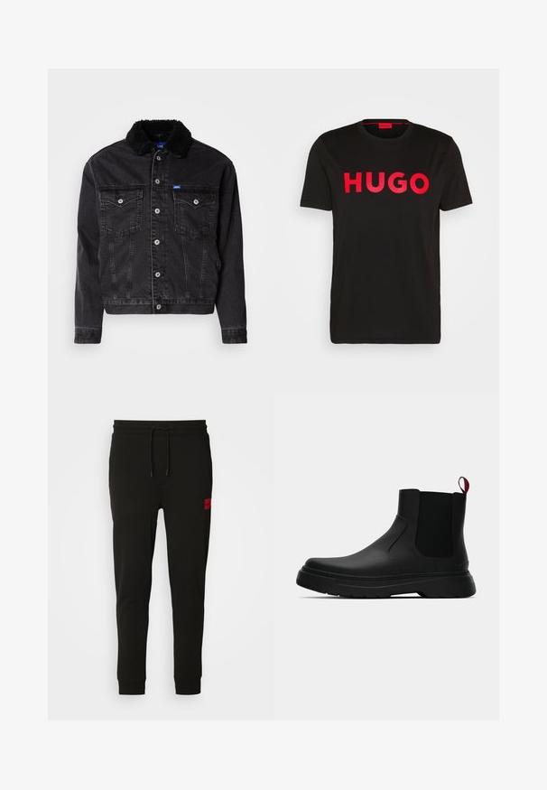 Sort denimjakke med en blød sort pelskrave, to brystlommer, sølvne knaplukninger og et let forkortet design.; Sort bomulds T-shirt med fed rød "HUGO" tekst foran, korte ærmer, rund halsudskæring og en afslappet pasform.; Sorte sweatpants lavet af blødt stof, med elastik i taljen, slim fit og et rødt logo-patch på venstre lår.; Sort ankelstøvle med en glat overflade, elastiske sidepaneler og en kontrasterende rød træksløjfe, der har en tyk gummisål og rund tå.
