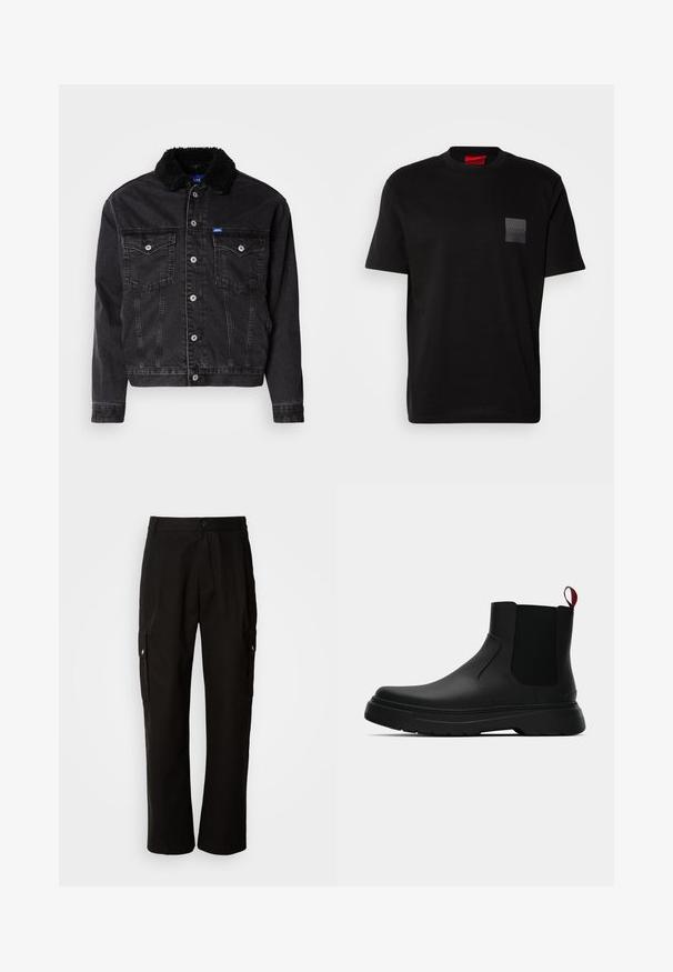 Crna traper jakna s mekim crnim krznom na ovratniku, dva džepa na prsima, srebrnim dugmadi i blago skraćenim dizajnom.; Crna pamučna majica s okruglim izrezom, s teksturiranim crnim logotipom na lijevoj prednjoj strani. Kratki rukavi i opušteni kroj.; Crne cargo hlače od pamuka s opuštenim krojem, koje imaju bočne džepove, kopčanje na gumb i ravne nogavice. Jednostavan dizajn bez uzoraka.; Crni gležnjači s glatkom površinom, elastičnim bočnim panelima i kontrastnom crvenom vučnom petljom, s debelim gumenim potplatom i zaobljenim vrhom.
