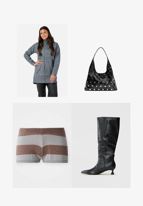Swedemount VÄDERÖARNA szary; Kaptur sweter w paski w odcieniach brązu i jasnoszarości. Posiada długie rękawy oraz złoty emblemat na klatce piersiowej. Miękka tekstura.; Skrócone spodenki dziane w szare i brązowe pasiaki. Posiadają dopasowany pas oraz gładką fakturę, z wyraźnym blokowaniem kolorów.; Kozaki czarne z sztucznej skóry sięgające do kolan, z błyszczącą teksturą krokodyla, spiczastym noskiem i smukłym, kanciastym obcasem. Klasyczny design i elegancka sylwetka.; Czarna skórzana torebka o luźnym kształcie, ozdobiona srebrnymi okrągłymi ćwiekami i pojedynczym paskiem na ramię. Gładka tekstura i błyszczące wykończenie.