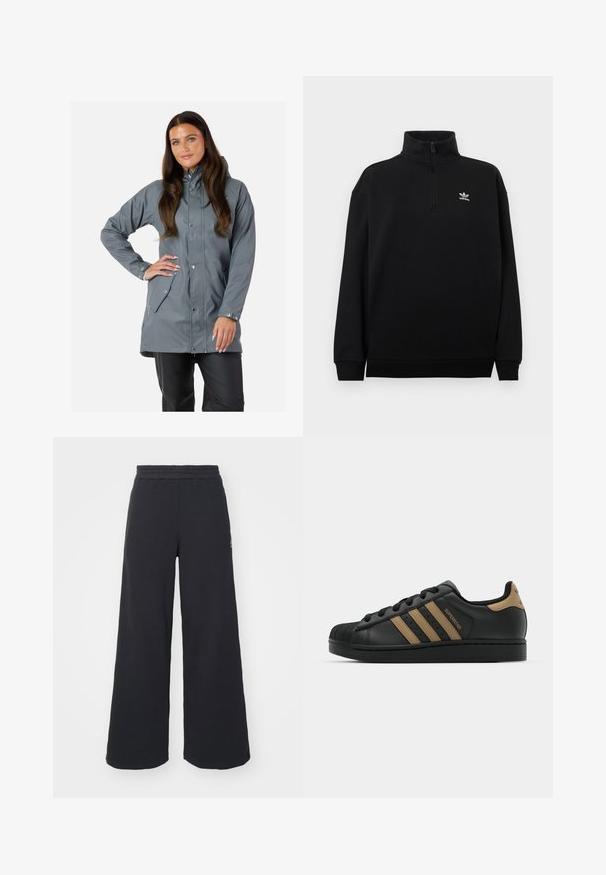 Swedemount VÄDERÖARNA - Regenjas - grey; Zwart quarter-zip sweatshirt van zacht materiaal, met een hoge kraag, geribbelde manchetten en een klein wit Adidas-logo op de borst.; Zwarte wijde sweatpants gemaakt van zachte stof, met een elastische tailleband en een klein logo aan de linkerkant.; Zwarte leren sneaker met drie bruine strepen, gestructureerde rubberen neus, vetersluiting aan de voorkant en platte zwarte zool. Heeft een subtiele logo op de hiel.