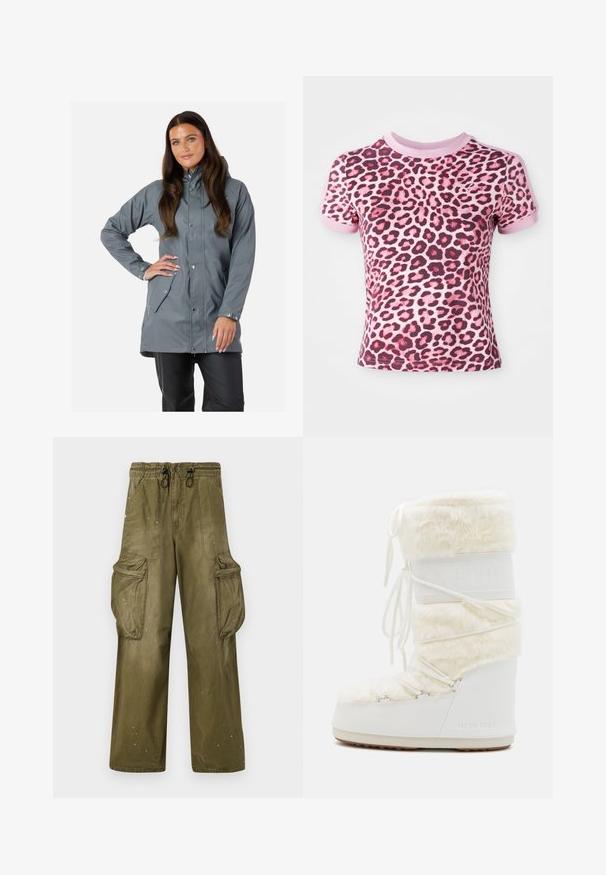 Swedemount VÄDERÖARNA szary; Różowa koszulka w panterkę z krótkimi rękawami, z okrągłym dekoltem i kontrastującymi różowymi mankietami, wykonana z miękkiego, elastycznego materiału.; Zielone spodnie cargo o luźnym kroju, elastycznym pasku, sznurku, dwóch bocznych kieszeniach i dwóch dużych kieszeniach cargo. Lekko przetarte.; Białe Moon Boot z futrzanym wierzchem, sznurowanym przodem i gumową podeszwą. Teksturowane wykończenie i wytłoczone logo z boku. Masywna, wyściełana konstrukcja.