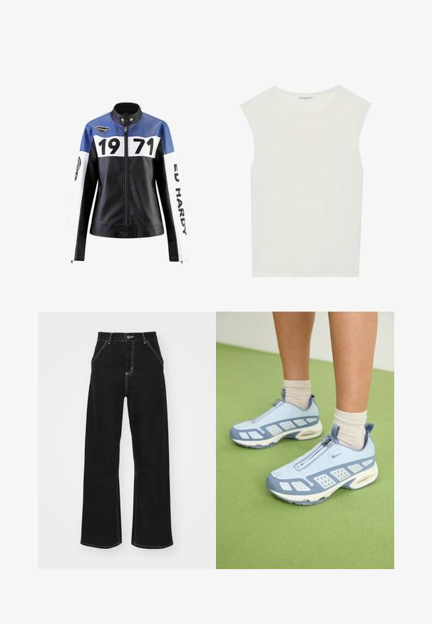 Svart och blå läderjacka med vita accenter, som har "1971" och "ED HARDY" i fet stil, dragkedjestängning och detalj med tryckknapp i kragen.; Vit ärmlös topp med rund halsringning. Tillverkad av ett mjukt tyg, har den en avslappnad passform och minimalistisk design. Inga mönster eller detaljer.; Svarta vida jeans i denim, med kontrasterande vit sömnad och framknäppning, samt två snedställda framfickor.; Ljusblå sportskor med vita detaljer, texturerade paneler och dragkedjestängning. Har en synlig luftdämpande sula och gummiyttersula.