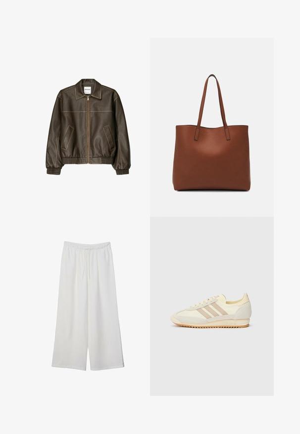 Smeđa kožna bomber jakna s patent-zatvaračem sprijeda, šiljatim ovratnikom, elastičnim manžetama i rubom, te bočnim džepovima. Vidljivo kontrastno šivanje.; Bijela majica kratkih rukava od pamuka. Ima okrugli izrez i opušteni kroj. Glatka tekstura bez vidljivih uzoraka ili naglasaka.; Bijele hlače širokog kroja izrađene od lagane tkanine, s elastičnim pojasom i vezicom za prilagodljivu veličinu. Glatka tekstura.; Kremaste atletske tenisice s tri bež pruge, od nubuk kožne i tekstilne tkanine, s teksturiranim potplatom i utisnutim brendiranjem na peti.; Smeđa kožna torba preko ramena s glatkom teksturom, otvorenim vrhom i dvjema naramenicama. Ima minimalne šavove i nema vidljivog hardvera.