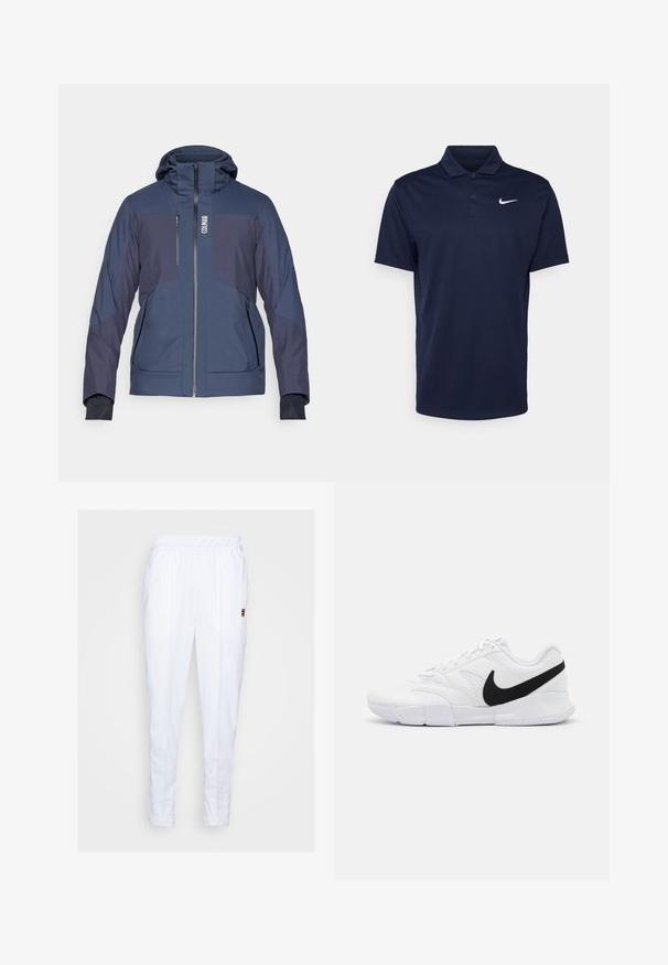 Colmar MENS JACKET - Giacca da sci - navy blue; Polo shirt blu navy realizzato in tessuto liscio, con un colletto a tre bottoni, maniche corte e un piccolo logo Nike bianco sul petto.; Pantaloni sportivi bianchi con elastico in vita, dotati di tasche laterali e dettagli di cucitura discreti lungo le gambe.; Scarpe da ginnastica bianche con tomaia testurizzata, logo Nike nero, collare imbottito e suola in gomma solida con battistrada a motivo.
