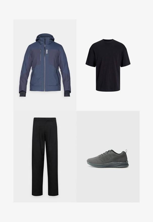 Colmar MENS JACKET - Skijacke - navy blue; Schwarzes Baumwoll-T-Shirt mit Rundhalsausschnitt, kurzen Ärmeln und lässiger Passform. Glatte Oberflächenstruktur und keine sichtbaren Muster oder Akzente.; Schwarze Hose aus glattem Stoff, mit geradem Bein Design, zwei vorderen Falten und einem Standardbund mit Gürtelschlaufen.; Graue Sportschuhe mit einem atmungsaktiven Mesh-Obermaterial, strukturierten Seiten und einer flexiblen Gummisohle. Verfügt über eine Schnürung und einen Zieh-Etikett.
