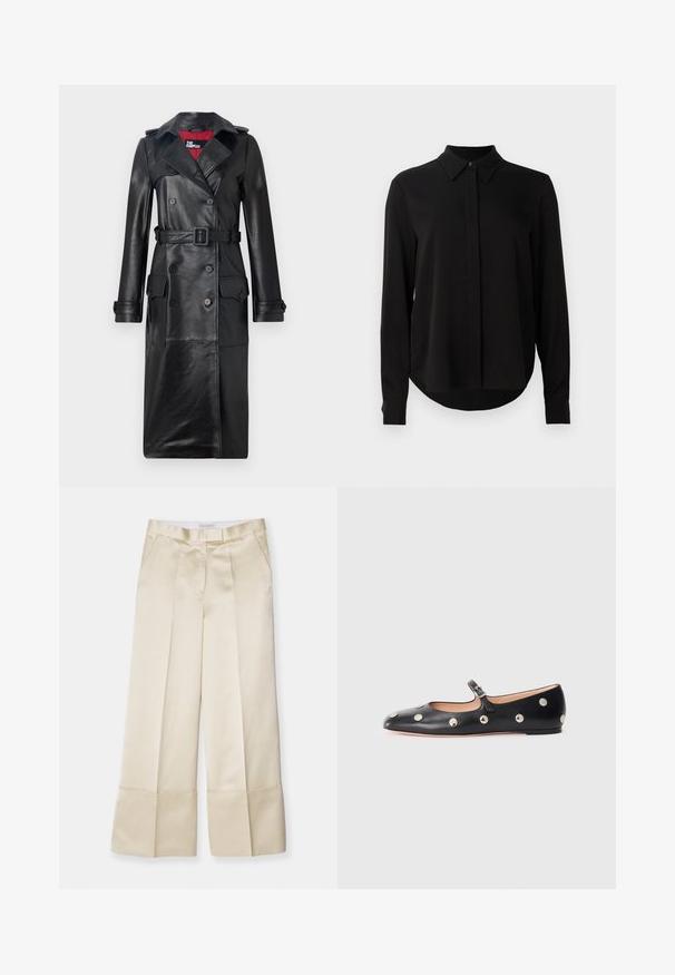 The Kooples - Prochowiec; Czarna bluzka z długim rękawem i spiczastym kołnierzykiem, z ukrytą plaketą guzikową oraz zaokrąglonym dołem na jednolitym białym tle.; Beżowe spodnie szerokie w gładkim materiale z wysokim stanem, plisowanym przodem i zawiniętym dołem, z kieszeniami bocznymi i czystym wykończeniem.; Czarne skórzane buty typu Mary Jane na płaskim obcasie z zaokrąglonym czubkiem, ozdobione srebrnymi okrągłymi ćwiekami oraz regulowanym paskiem z klamrą.