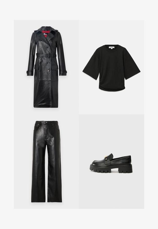 The Kooples Trench - black; T-shirt nera a maniche corte realizzata in morbido cotone, con scollo rotondo e vestibilità comoda, caratterizzata da un sottile dettaglio arricciato sul lato.; Pantaloni a gamba larga in pelle nera con finitura lucida, dotati di tasche anteriori, chiusura con zip e bottone. Texture liscia su tutta la superficie.; Mocassini in pelle nera con suola spessa, caratterizzati da un accento dorato nella parte anteriore e una finitura liscia. Design della suola con profilo spesso.