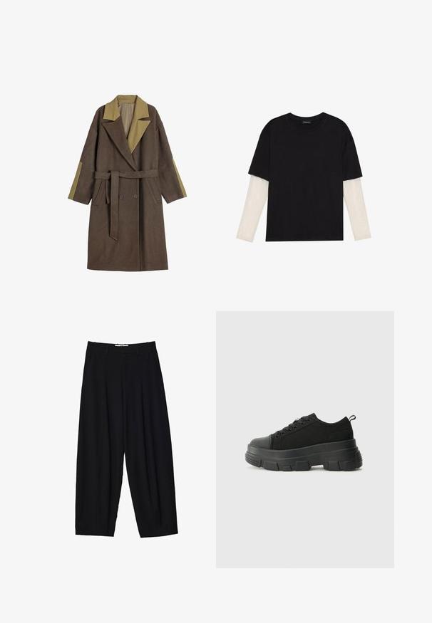 Dlhý hnedý vlnený kabát so svetlohnedým širokým golierom, zodpovedajúcimi akcentmi na rukávoch, dvojradovým zapínaním, opaskom v páse a bočnými vreckami.; Čierne tričko z bavlny, s krátkymi rukávmi cez biele tričko s dlhým rukávom, s jemným textúrovaným vzorom. Design s okrúhlym výstrihom.; Čierne nohavice širokého strihu z ľahkej textílie, s prednými skladmi, klasickým pásom a bočnými vreckami. Hladká textúra.; Čierne tenisky s masívnou gumovou podrážkou, textúrovaným textilným zvrškom, okrúhlou špičkou a šnurovaním. Obsahujú spevnené očká a zadný úchop.