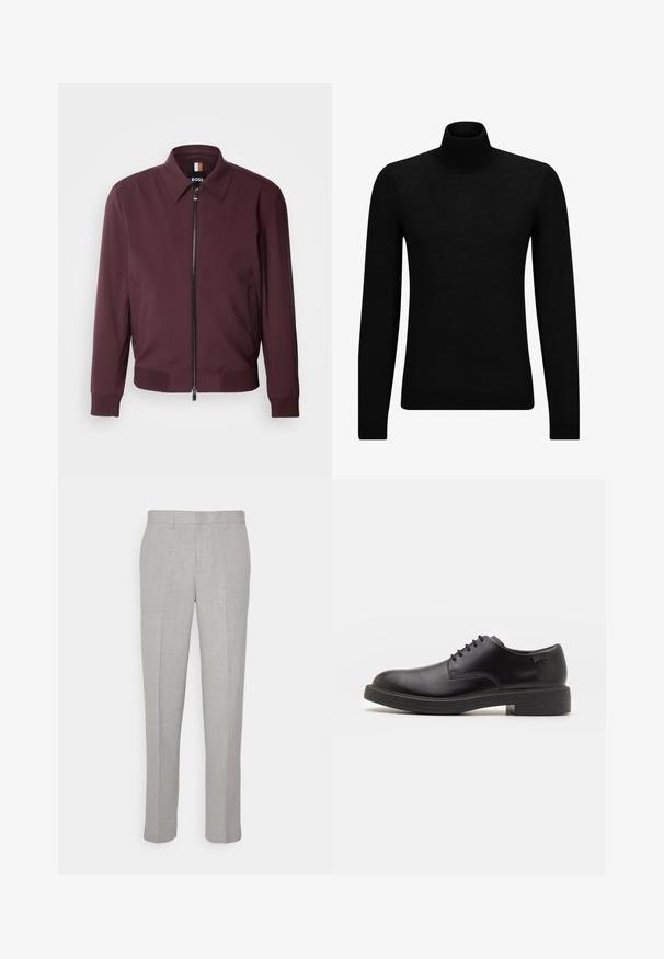 Burgundy jacket made of smooth fabric, featuring a front zipper, a collar, and ribbed cuffs at the wrists and hem.; Black turtleneck sweater made of soft material, featuring long sleeves and a snug fit. Ribbed trim at the hem and cuffs. Simple design.; Light gray trousers with a smooth texture, flat front, and straight legs. Made of breathable fabric, featuring internal pockets and belt loops.; Black leather lace-up shoe with a rounded toe, smooth texture, minimal stitching, and a low rubber heel. Logo on the heel.