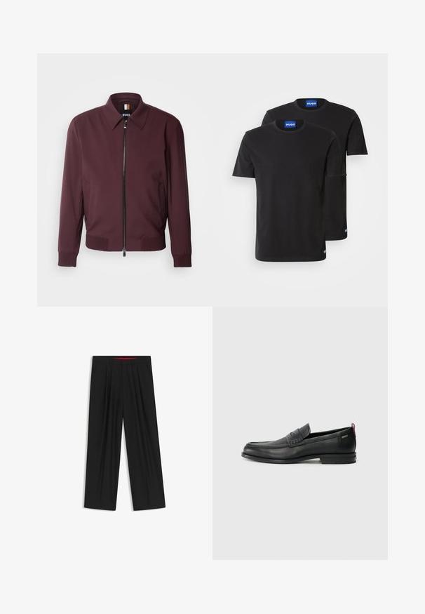Burgundin väri takki, joka on valmistettu sileästä kankaasta, ja siinä on edessä vetoketju, kaulus ja röyhelöhuput hihansuissa ja helman kohdalla.; Kaksi mustaa puuvillapaitaa, joissa on pyöreät kaula-aukot, lyhyet hihat ja siniset "HUGO" -tarrat kaula-aukossa ja sivusaumassa.; Musta leveälahkeinen housu, jossa on litteä etuosa, kaksi sivupistettä, laskostettu muotoilu ja kontrastivärinen punainen vyötärön sisäosa.; Musta nahkakengät, joissa on teksturoitu etupaneeli ja sileät sivut. Varustettu kapealla kantapäillä ja takasilmukalla helppoa pukemista varten. Klassinen muotoilu.