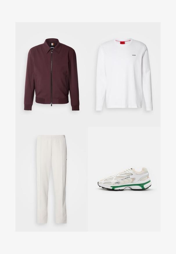 Burgundy jakke lavet af glat stof, med en lynlås foran, en krave og ribbede manchetter ved håndleddene og kanten.; Hvid langærmet skjorte lavet af bomuld, med rund halsudskæring, sort "HUGO" logo på venstre bryst og en glat tekstur.; Lacoste Træningsbukser - hammam; Hvide sneakers med grønne accenter og sort gummisål. Har mesh- og syntetiske paneler med en struktureret overflade og synlige sømme.