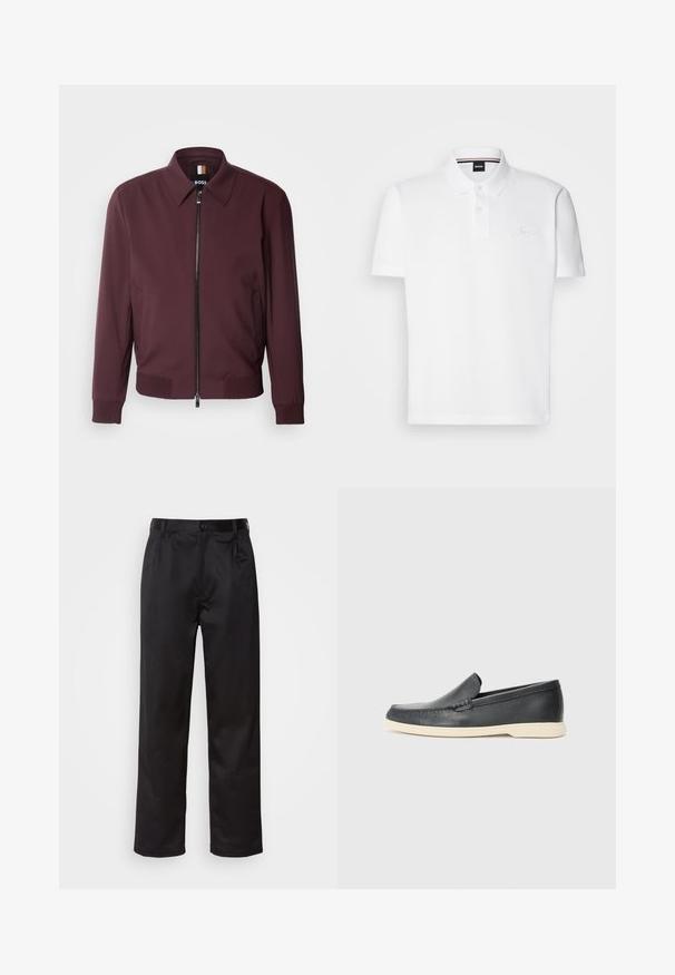 Burgundská bunda vyrobená z hladkého materiálu, s předním zipem, límcem a žebrovanými manžetami na zápěstích a spodním lemu.; Bílé polo tričko vyrobené z polyesteru a bavlny, s límečkem, dvouknoflíkovou légou a decentně vyšitým logem na hrudi.; Černé kalhoty vyrobené z hladké tkaniny, se zapínáním na přední knoflík, sklady a rovnými nohavicemi. Bez viditelných vzorů nebo doplňků.; Černé kožené mokasíny na klínku s texturovaným povrchem a kontrastní béžovou gumovou podrážkou. Vyznačují se jemným akcentem podél přední části.