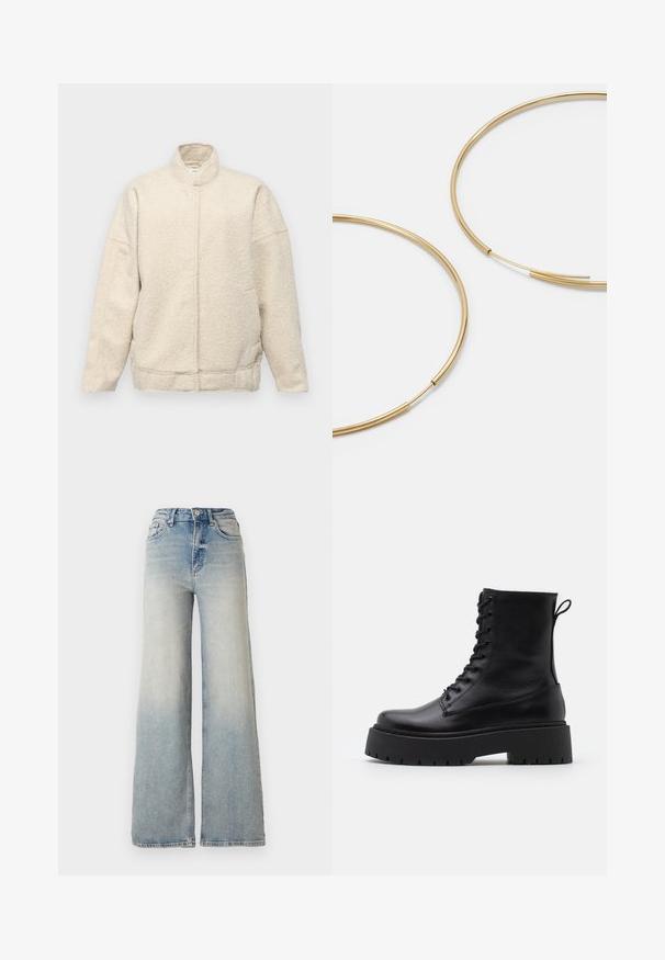 Kreemikas villane jakk kõrge kaelusega, üle mõõtmete sobivus ja peidetud eesmine sulg. Omab küljetaskuid ja struktureeritud kanga tekstuuri.; Vero Moda VMNEWCREAM FUNNELNECK PULLOVER - Džemper - black/birch; Heledad sinine laia säärega teksapüksid, mis on valmistatud denimist, kõrge vöökoht, viis taskut ja nähtav õmblemine õmbluste ääres.; Mustad mustad nahast pahkluu saapad ümarate varvastega, nööridega esiosas ja paksu kummist talla ning tekstuuritud mustriga. Tagumine tõmbeaas.; Kulla värvi nõelad, õhukesed ja ümmargused, millel on sile metallist pind ja ilma kaunistuste või mustriteta.