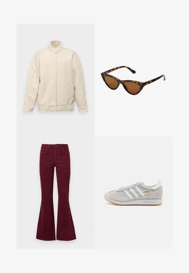 Kremna flis jakna z visokim ovratnikom, prevelikim krojem in skrito sprednjo zaprtje. Ima stranske žepe in teksturirano tkanino.; JDY LORRAINE - Pulover - cement; Burgundske kordurojske hlače s širokimi hlačnicami, petimi žepi, sprednjim zapiranjem na gumb in teksturirano tkanino. Široke noge se razširijo od kolena do roba.; Svetlo sivi tenisice od antilopa i mrežaste tkanine, s tri bijele pruge, okruglim vrhom i gumenim potplatom. Zlatni logo akcent blizu vezica.; Mačje oči sončna očala z okvirom v črno-oranžni želvej ohišji, rjavimi lečami in elegantnimi, ostrimi konicami. Imajo minimalistični logo na ročaju.