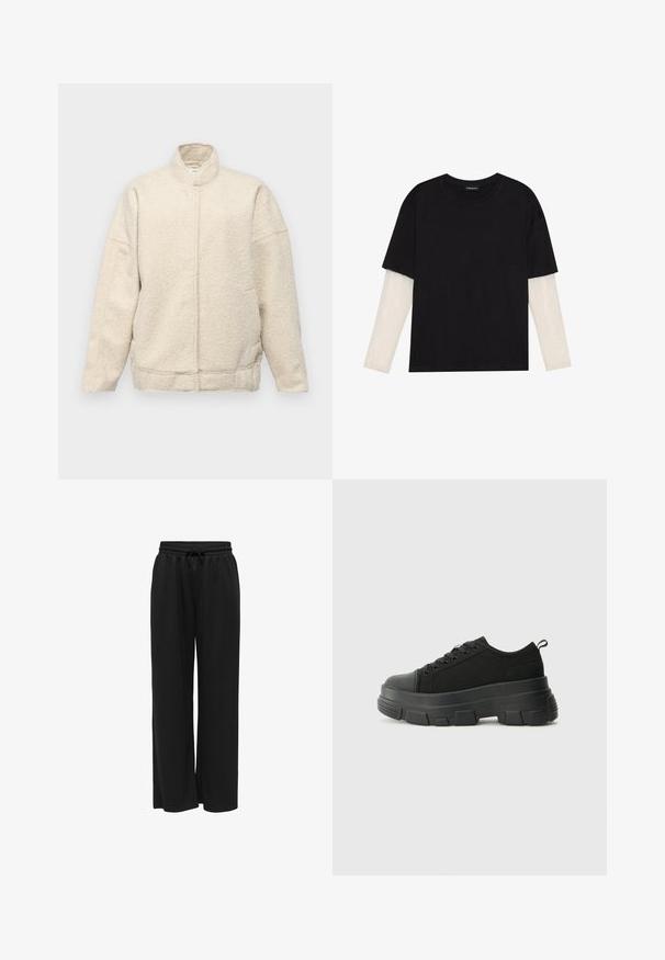 Kremna flis jakna z visokim ovratnikom, prevelikim krojem in skrito sprednjo zaprtje. Ima stranske žepe in teksturirano tkanino.; Črna majica iz bombaža s kratkimi rokavi, ki pokriva belo dolgi rokav z subtilnim teksturiranim vzorcem. Oblika izrezanega vratu.; Črne široke hlače iz mehke tkanine, ki imajo elastičen pas z vrvico za prilagodljivo prileganje. Brez vzorcev ali okraskov.; Črne teniske z debelim gumijastim podplatom, zgornji del iz teksturirane tkanine, okrogla punta in zavezovanje z vrvicami. Vključujejo ojačane luknje za vrvice in zanko na hrbtu.
