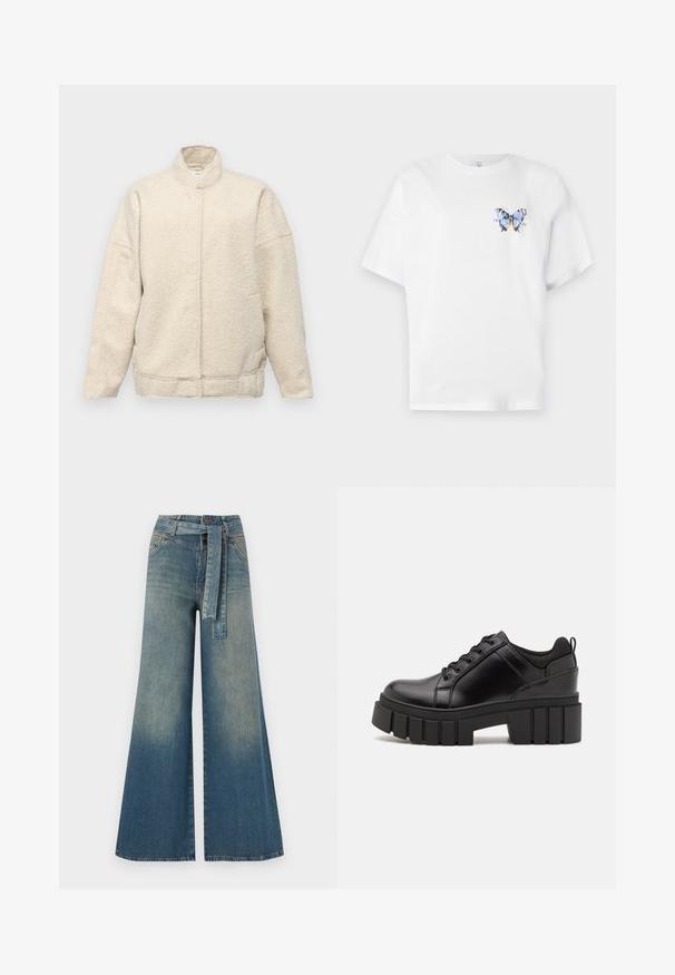 Grietos spalvos vilnos striukė su aukštu apykaklės, per dideliu siluetu ir paslėptu priekiu užsegimu. Savybėje yra šoninės kišenės ir tekstūruota medžiaga.; Balta medvilninė marškinė su spalvingu drugelio atspaudu kairėje krūtinės pusėje. Trumpomis rankovėmis ir laisvu siluetu.; Platus džinsinis kelnes su šviesiai tamsiai mėlynu gradientu, aukštu juosmeniu, diržo kilpomis ir atitinkančiu audinio diržu. Textūruotas džinsinis paviršius.; Juodi odiniai platformos batai su masyviu blokuota kulniuku, apvalia nosimi ir tradiciniu šnypštimo dizainu. Turintys glotnų paviršių ir minimalų dekoravimą.