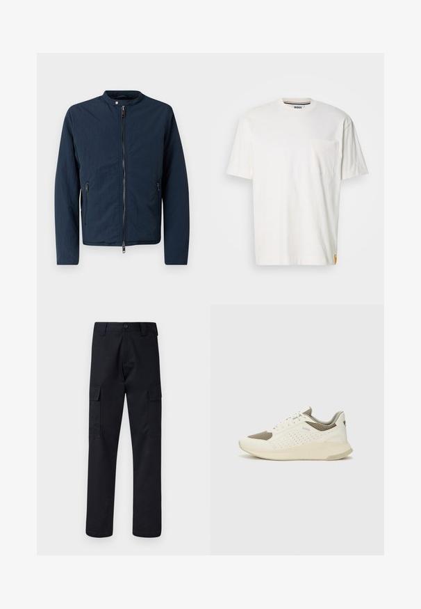 Tamsiai mėlyna lengva striukė su aukšta apykakle, priekiniais užtrauktukais ir dviem šoninėmis kišenėmis. Pagaminta iš tekstūruoto audinio, kuris suteikia atsipalaidavusių drabužių išvaizdą.; Balta medvilnė t-shirt su apvalia iškirpte, trumpomis rankovėmis ir kišene kairėje krūtinės pusėje. Yra nedidelis logotipo ženkliukas ant šono siūlės.; Juodi cargo kelnės, pagamintos iš tvirto audinio, su tiesiu kirpimu, dviem šoninėmis kišenėmis ir mygtukiniu užsegimu juosmenyje.; Baltas ir šviesiai bežinis sportinis kedas, su tinklo viršumi, perforuotais detalėmis ir tekstūruotu tarpine su logotipu ant kulno.