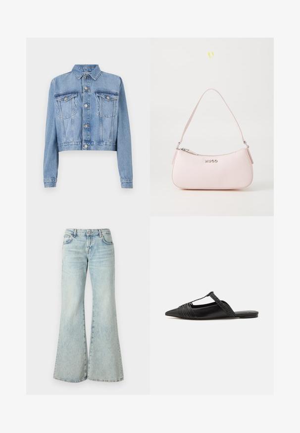 Jachetă scurtă din denim de culoare albastru deschis, cu închidere cu nasturi, două buzunare la piept și guler. Prezintă o textură decolorată și detalii de cusătură vizibile.; Cămașă albă cu mânecă lungă și guler, fabricată din bumbac. Are un închidere cu băta pe față și un singur buzunar pe piept. Textură netedă, croială lejeră.; Jeans evazați de culoare albastru deschis, realizate din denim, cu talie înaltă, buzunare și tivuri desfăcute. Materialul prezintă o spălare decolorată și o textură subtilă.; Pantofii din piele neagră cu curea la spate au vârful ascuțit, prezentând un accent țesut și un design superior pliat. Talpa joasă cu hardware minim.; Geantă de mână din piele roz, cu un design curbat, închidere cu fermoar și curea de umăr. Prezintă un logo argintiu în față.