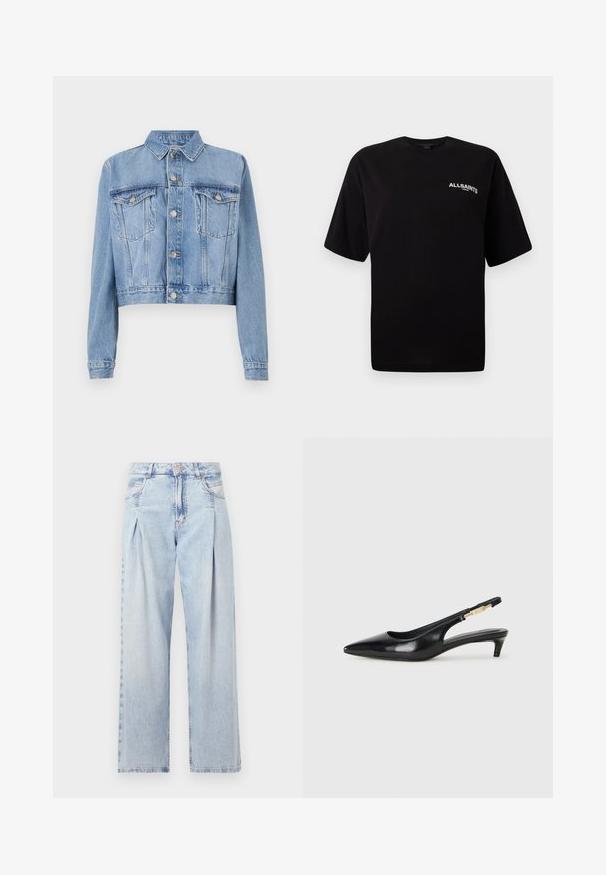Lyseblå denim jakke i cropped stil med knappestolpe foran, to brystlommer og krage. Har en falmet tekstur og synlige sømdetaljer.; Svart bomull t-skjorte med rund hals, korte ermer og en liten hvit "ALLSAINTS" logo på venstre bryst. Glatt tekstur, avslappet passform.; Lyseblå denimjeans med høy livlinje, vide ben, to sidelommer og plisserte detaljer. Myk tekstur med en falmet finish.; Sorte lærreim hæler med spiss tå, som har en slank hæl og en gullfarget detalj på den justerbare stroppen. Glatt tekstur.