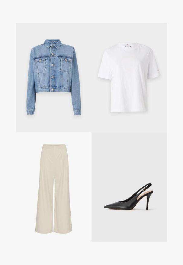 Veste en denim bleu clair coupée avec un devant à boutons, deux poches poitrine et un col. Présente une texture délavée et des détails de couture visibles.; T-shirt en coton blanc avec un col rond, des manches courtes et un design de logo jaune subtil indiquant "HILFIGER NEW YORK 1985". Coupe standard.; Pantalons larges en tissu beige clair, avec des plis, une taille haute et une texture lisse sans embellissements visibles.; Escarpin à talon haut en cuir noir avec un bout pointu, une texture lisse et une délicate bride avec une boucle métallique.