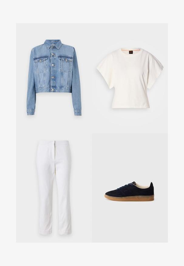 Gaišzils džinsa griezuma jaciņa ar pogām priekšpusē, divām krūšu kabatām un apkakli. Iezīmējas izbalējuša tekstūra un redzamām šuvju detaļām.; Balts īsais T-krekls, plašas īsas piedurknes, mīksts kokvilnas materiāls, apaļa kakla izgriezums ar delikātu oranžu apdari, minimāls dizains, bez rakstiem vai grafikām.; Baltas kokvilnas bikses ar taisnu kāju dizainu, ar vidēju augstumu un bez redzamām detaļām vai rakstiem. Visā virsmā ir gluda tekstūra.; Naktī zilas zamšādas sporta kurpes ar gumijas zoles gumiju, zilām šņorēm un minimālistisku dizainu. Sānos ir iespiests logotips un gluda iekšējā odere.