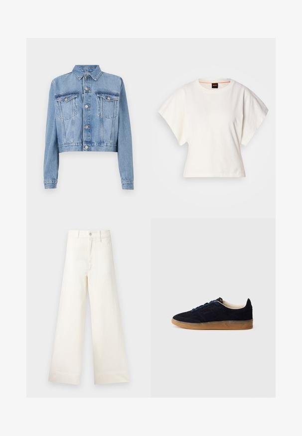 Gaišzils džinsa griezuma jaciņa ar pogām priekšpusē, divām krūšu kabatām un apkakli. Iezīmējas izbalējuša tekstūra un redzamām šuvju detaļām.; Balts īsais T-krekls, plašas īsas piedurknes, mīksts kokvilnas materiāls, apaļa kakla izgriezums ar delikātu oranžu apdari, minimāls dizains, bez rakstiem vai grafikām.; Platākas kāju bikses gaiši pelēkā kokvilnā. Iespējams augsts jostasvieta, priekšējās kabatas un taisna griezuma. Tīrs apakšmalas apdare bez rakstiem.; Naktī zilas zamšādas sporta kurpes ar gumijas zoles gumiju, zilām šņorēm un minimālistisku dizainu. Sānos ir iespiests logotips un gluda iekšējā odere.